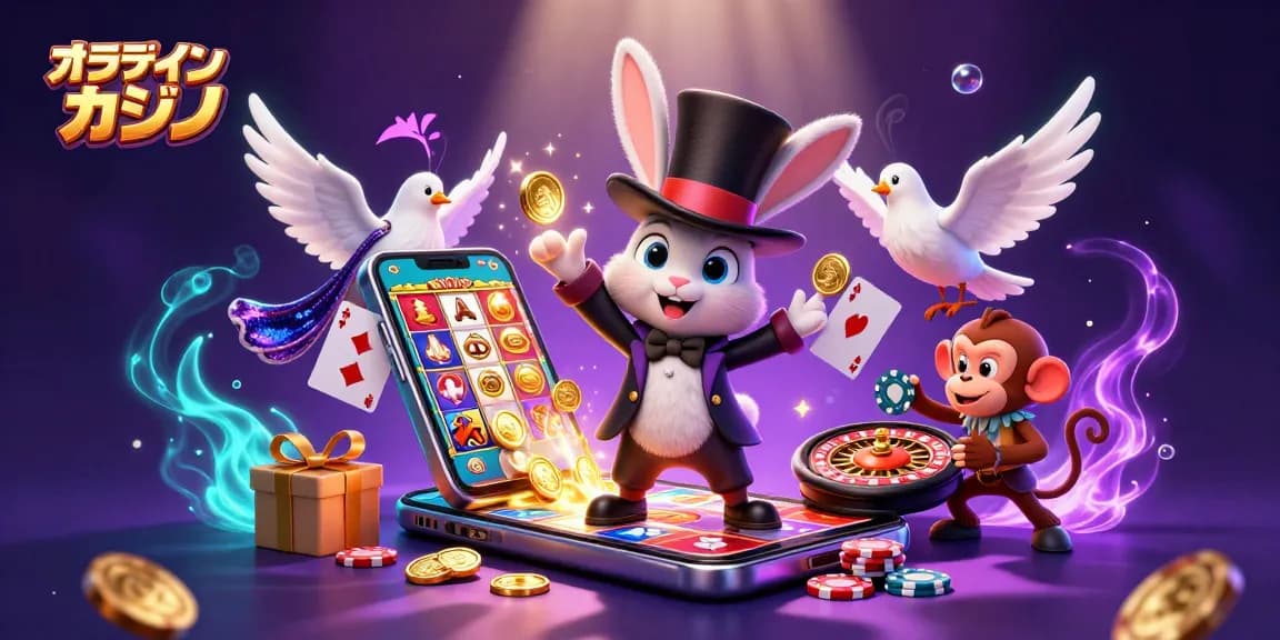 オンラインカジノでのスロットゲーム体験を強調した、賑やかで魔法のようなイラスト。