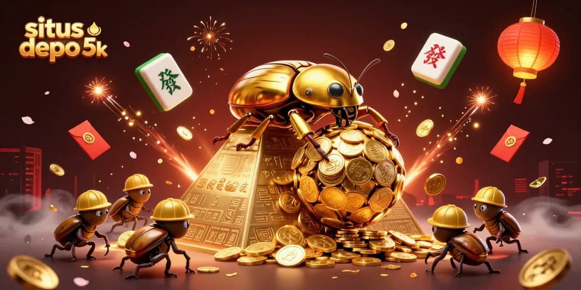 Roll the situs depo 5k golden coins with beetles in a vibrant casino scene filled with festive elements.