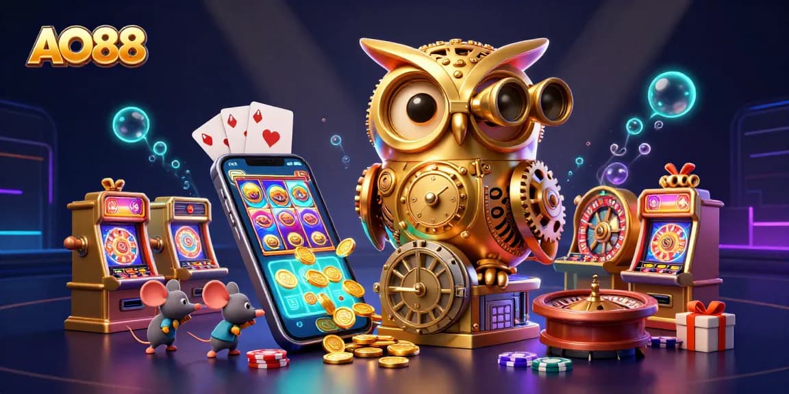 Engage with AO88’s vibrant casino atmosphere featuring a golden owl and dynamic game elements.