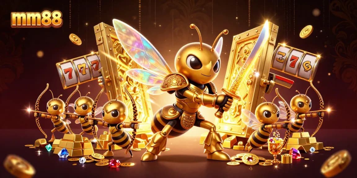 Engage with mm88's thrilling games showcasing a golden hornet samurai and treasure elements.