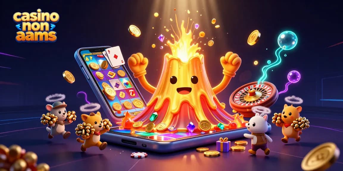 Giocatori vincitori in un casinò non AAMS con tesori e giochi di fortuna nel caos festoso.