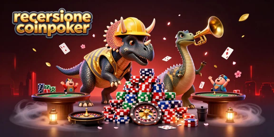 Giocatori di poker celebrano con la recensione coinpoker, circondati da fiches e giochi d'azzardo.