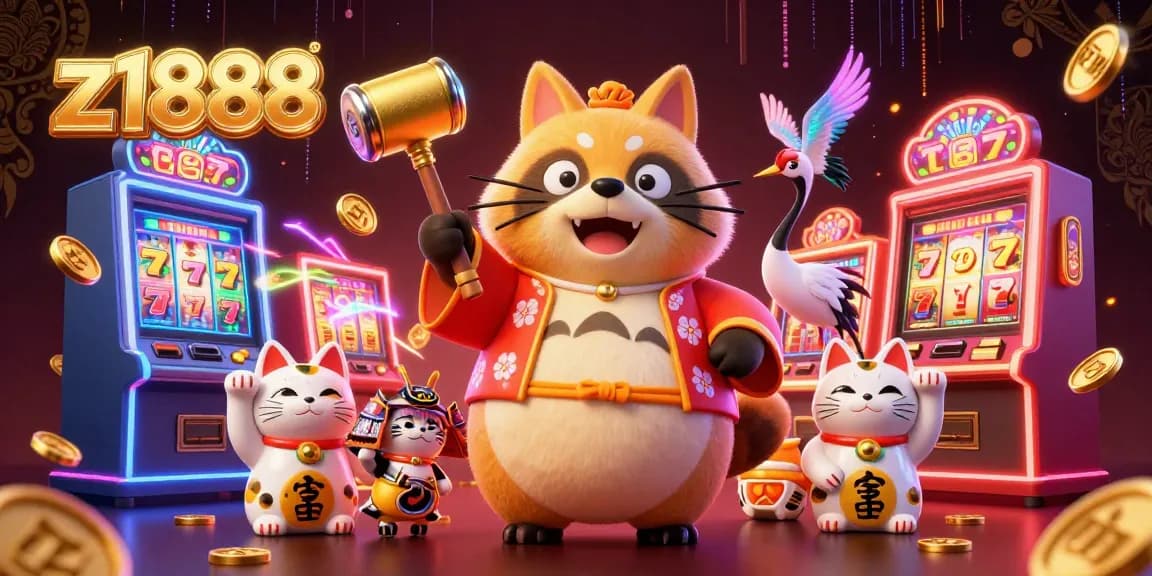 Experience thrilling gameplay with z1888 as a lucky raccoon and friends spin colorful slot machines in this vibrant casino illustration.