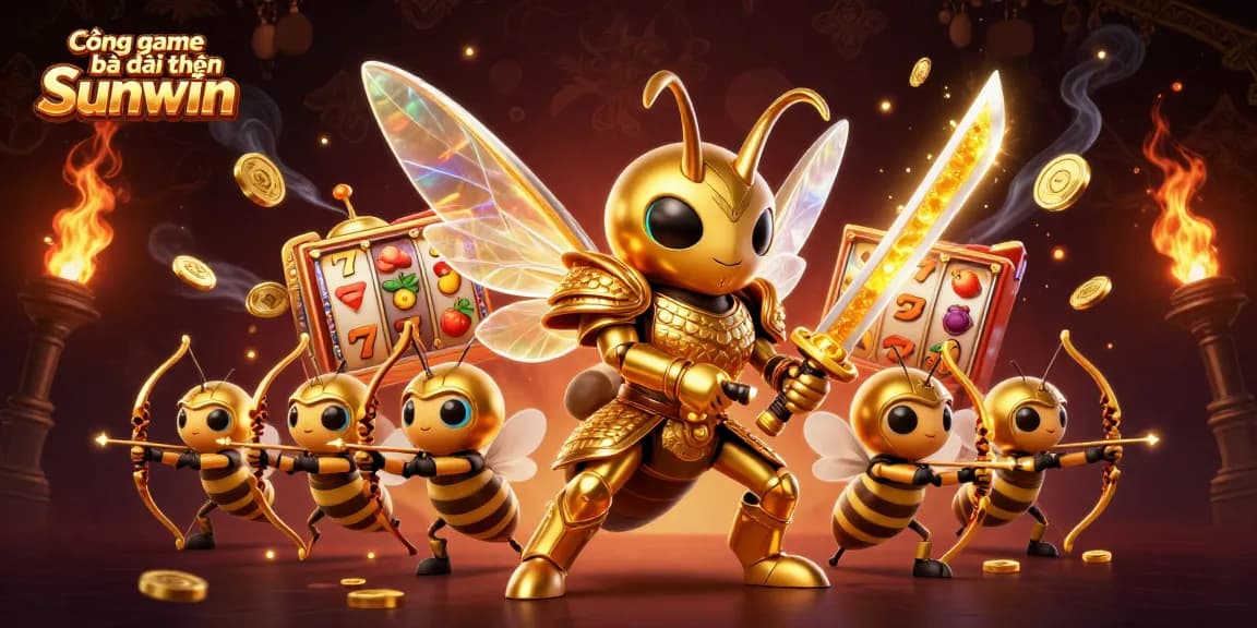 Cổng game bài đổi thưởng Sunwin showcases a vibrant 3D scene with dynamic slot machines and an epic hornet warrior.