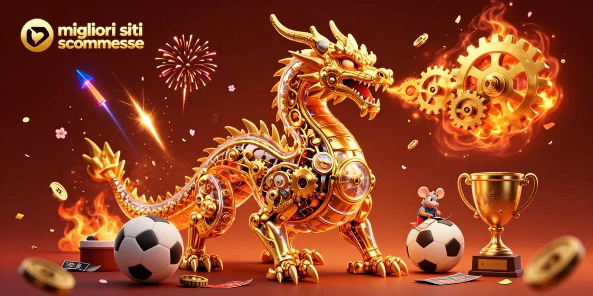 Giocando sui migliori siti scommesse con un drago d'oro e elementi sportivi, inclusi trofei e palle.