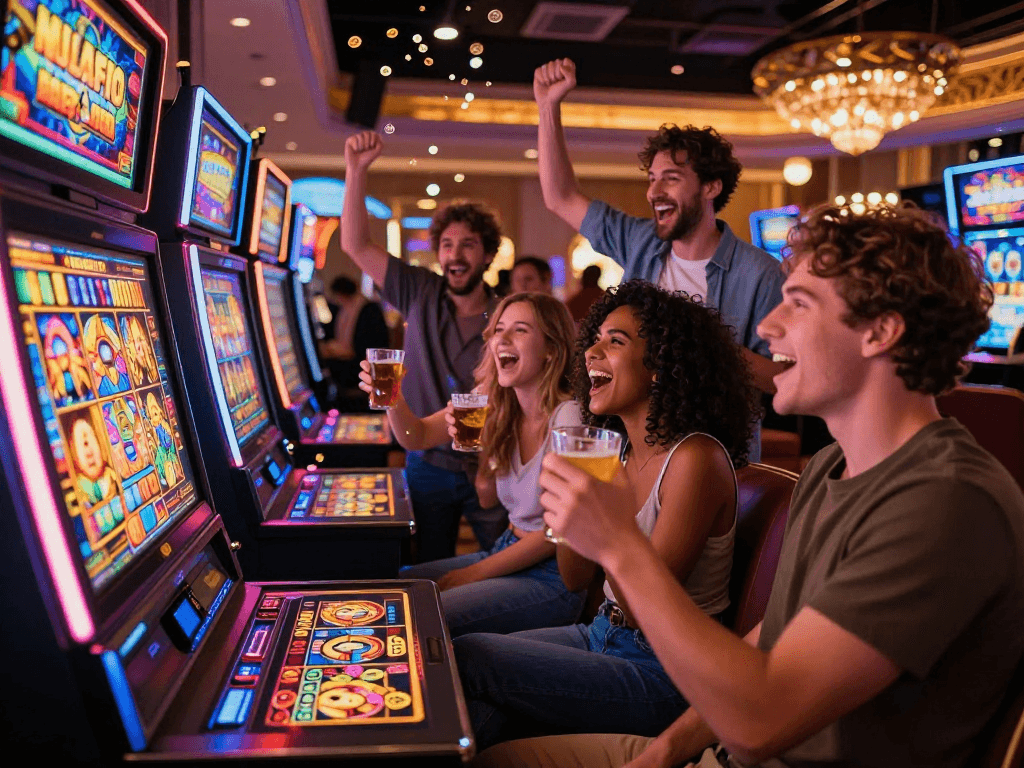 Friends celebrating a huge slot jackpot win at a lively casino.