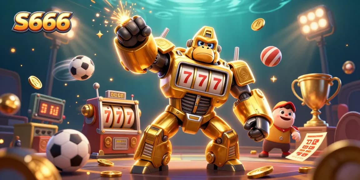 S666 combines casino excitement with a dynamic illustration of gaming elements, creating a vibrant gambling experience.