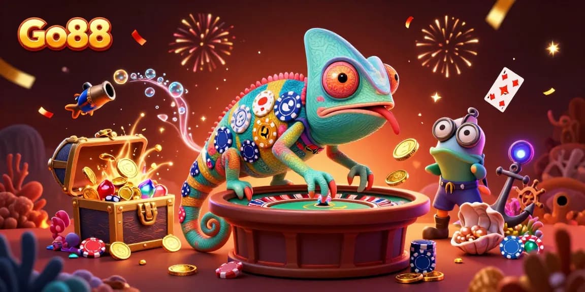 Go88 gambling adventure with a colorful chameleon casino owner and immersive game elements.