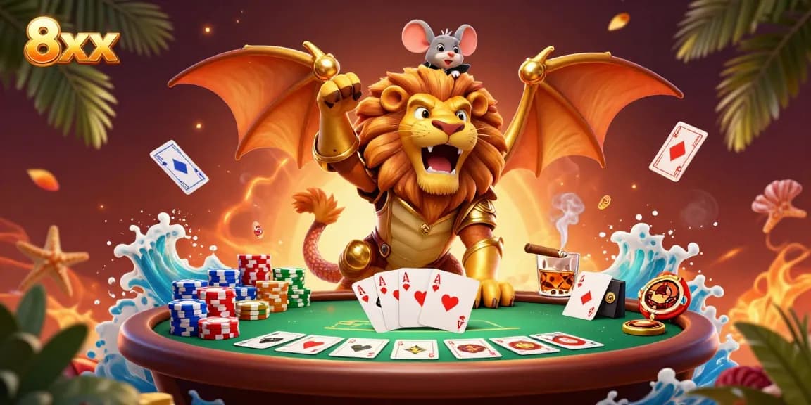 Engage with the 8xx poker scene featuring a chimera creature amidst vibrant casino elements and vibrant atmosphere.