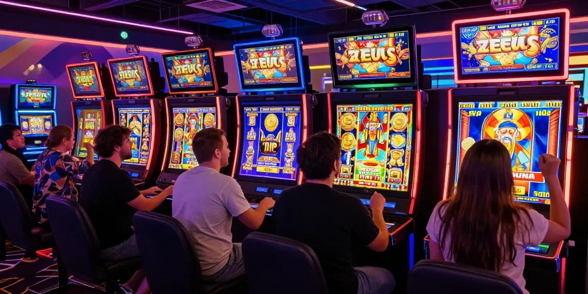 Exciting gaming atmosphere showcasing situs slot gacor with vibrant players at Zeus-themed slot machines.