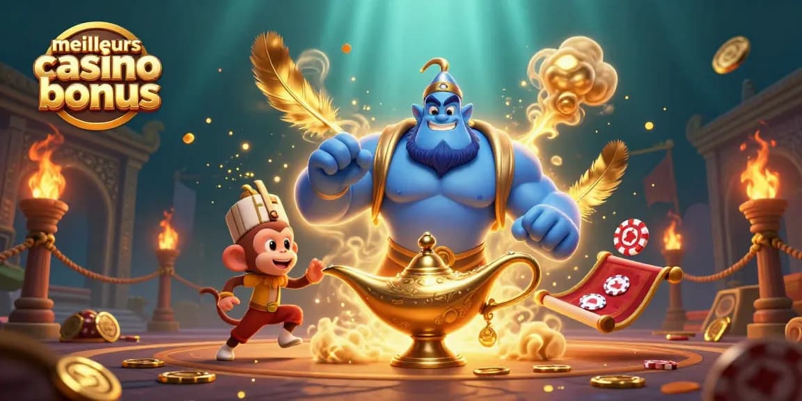Visualisez les meilleurs bonus de casino avec un génie bleu et des éléments de jeu éparpillés sur un tapis magique.