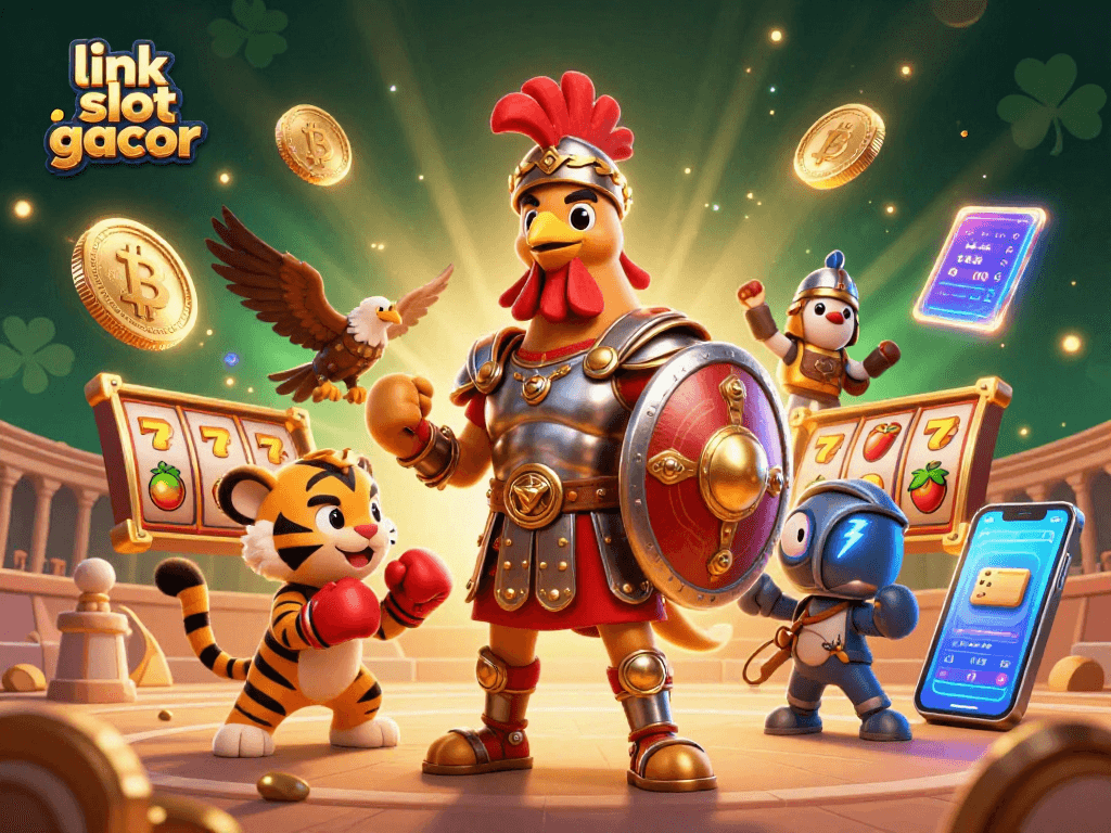 Spin and win big at link slot gacor with a vibrant scene of characters enjoying digital gambling fun.