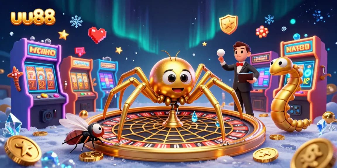 Place bets at uu88 while enjoying a vibrant 3D casino scene featuring a spider croupier and golden roulette wheel.