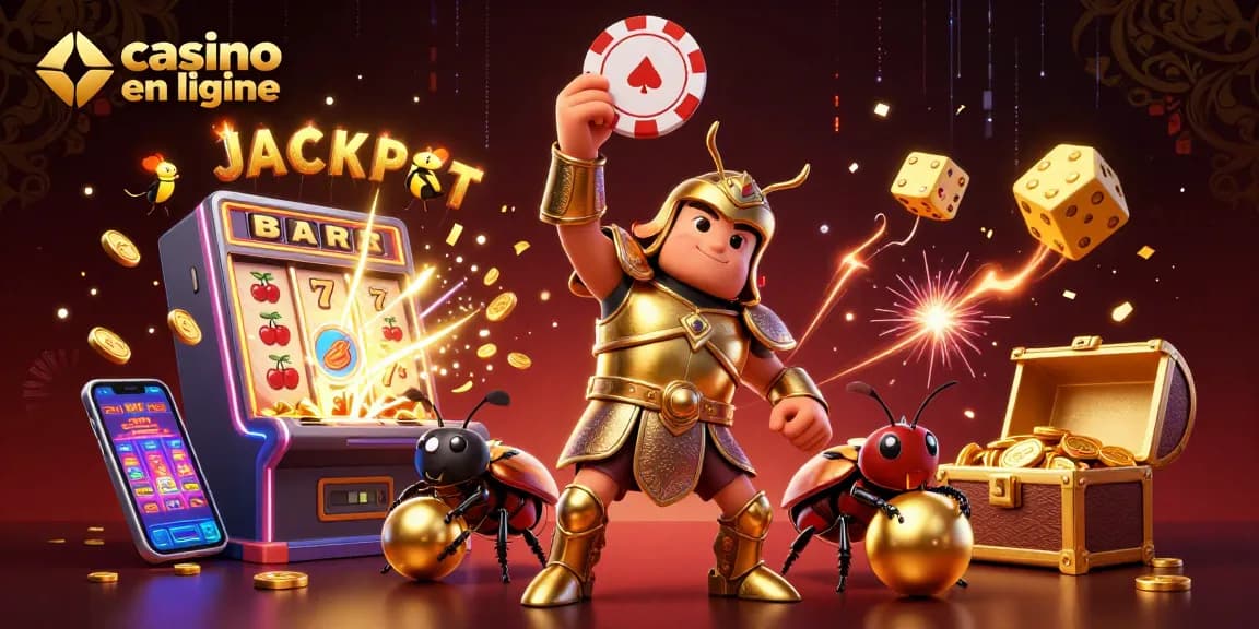 Jouer au casino en ligne avec cette illustration 3D représentant un héros et un jackpot éclatant.