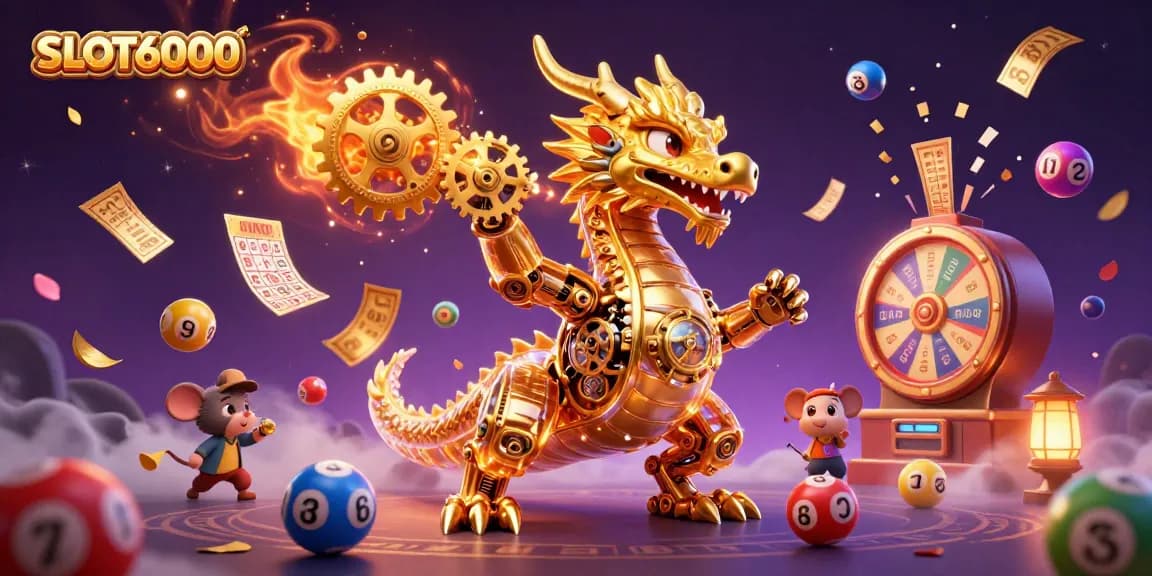 SLOT6000 offers vibrant 3D action with golden dragon, lottery balls, and dynamic casino elements.