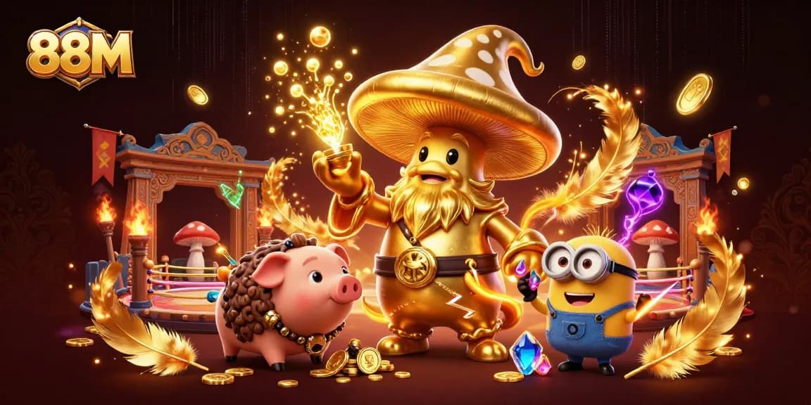 Experience the excitement of 88M with a golden wizard and gaming treasures in an enchanting casino scene.
