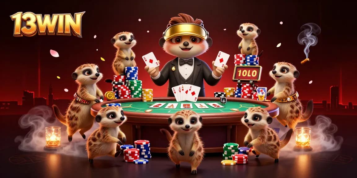 Experience thrills with 13WIN at a vibrant casino run by meerkats showcasing poker tables and colorful chips.