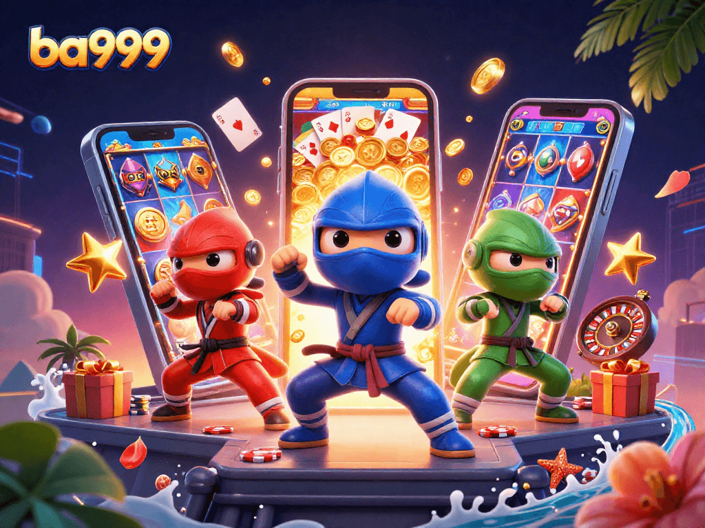 Experience the thrill of ba999 with a dynamic scene featuring ninja chameleons in action and casino games.