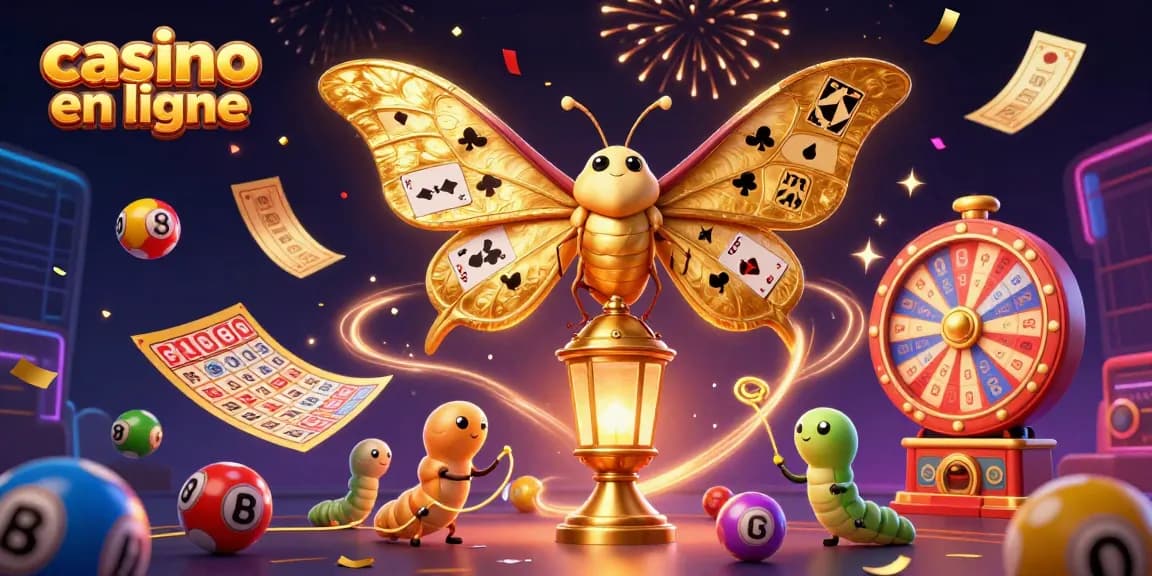Émerveillez-vous devant ce casino en ligne dynamique, avec un papillon 3D doré et des balles de loterie colorées.