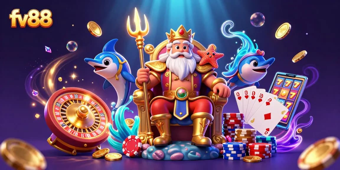 Experience the thrill of fv88 with Neptune and his entourage amid dazzling casino elements.