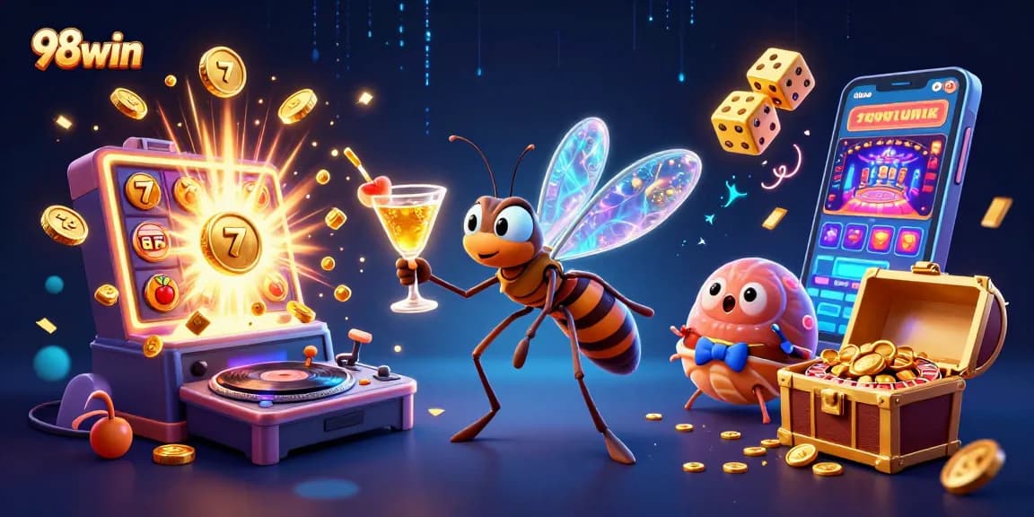 Win big with 98win's dynamic 3D casino illustration featuring engaging characters and vibrant game elements.