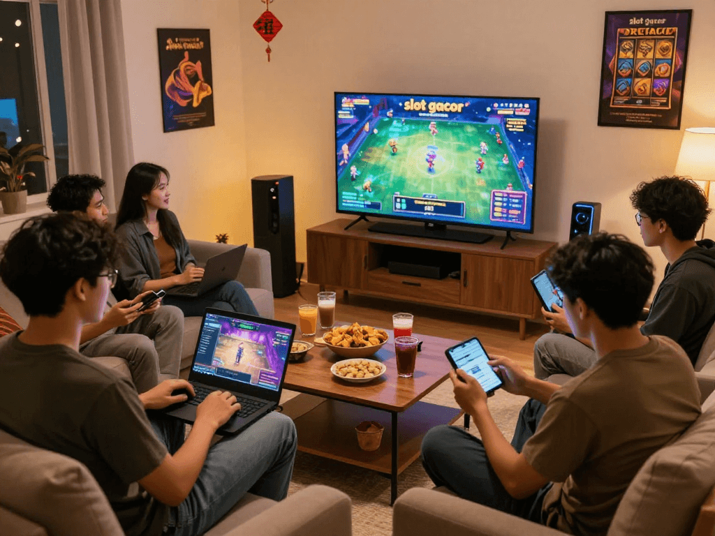 Engaged friends enjoying slot gacor games in a cozy living room, showcasing online gaming atmosphere.