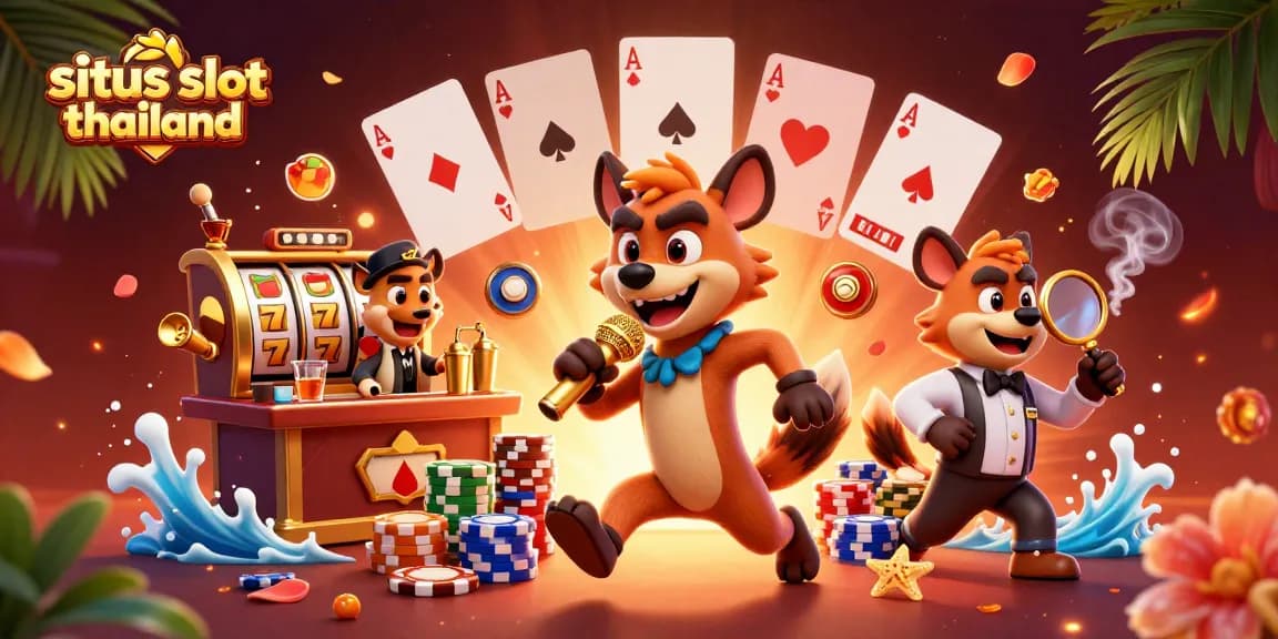 Engage with situs slot thailand's immersive casino scene featuring hyenas and slot games, a vibrant 3D illustration.