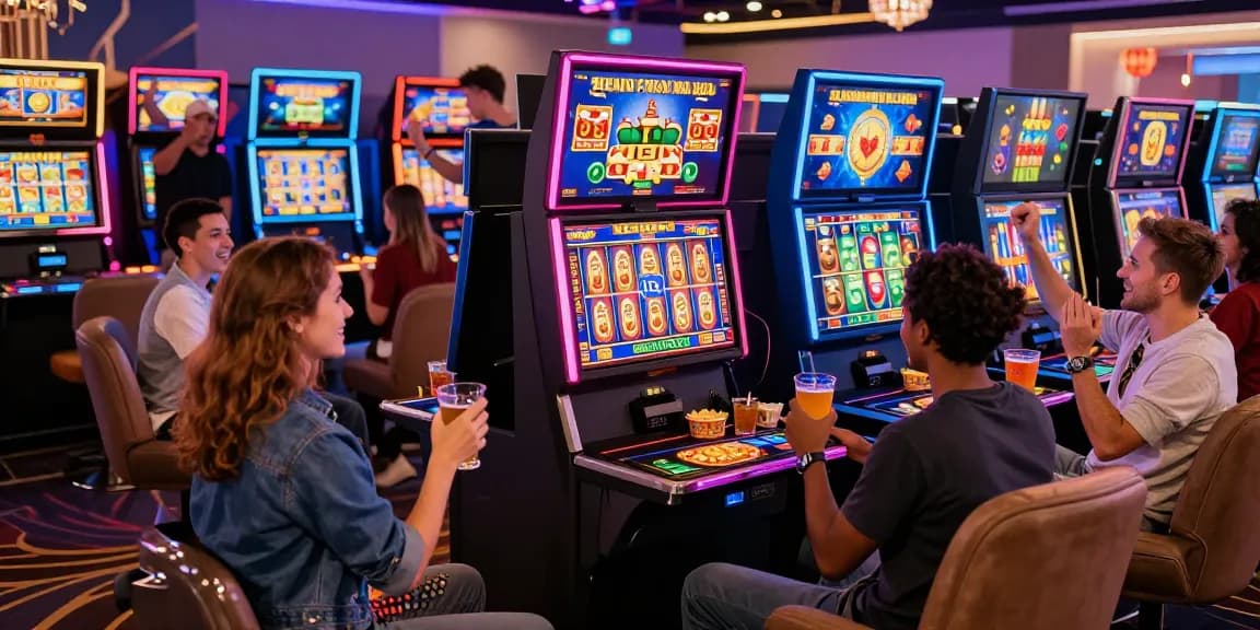 Players enjoying HWGSLOT online gambling experience with vibrant slot games and celebratory atmosphere.
