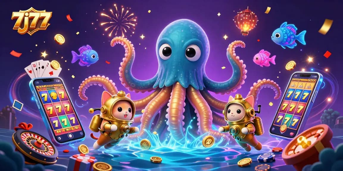 Engage with thrilling 7j77 gameplay as a kraken and diving cat dive into casino fun with surrounded slots and cards.