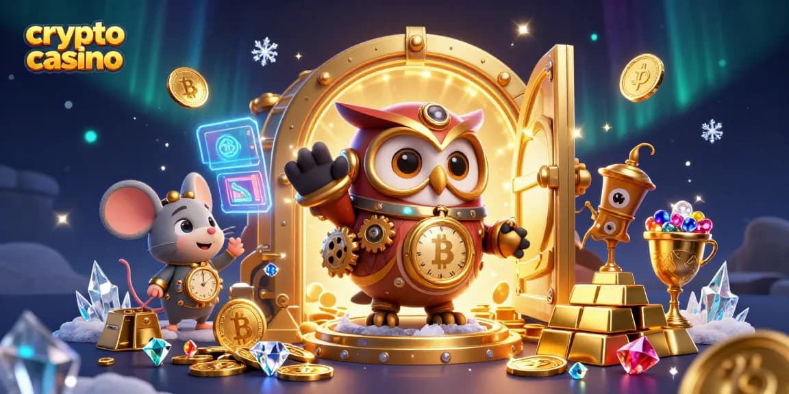Scopri il magico mondo del crypto casino con un gufo in abiti steampunk e un topo meccanico, circondati da tesori e blockchain.