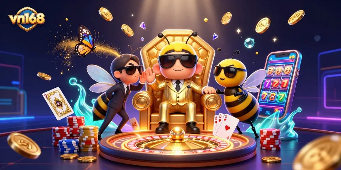 Experience the excitement of vn168 with a vibrant casino scene featuring a bumblebee mob boss and games.