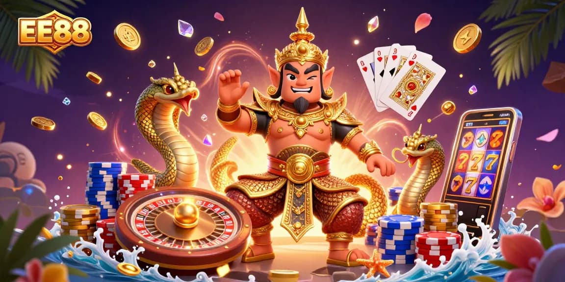 Experience thrilling gameplay at EE88 with vibrant characters, casino elements, and rich colors.