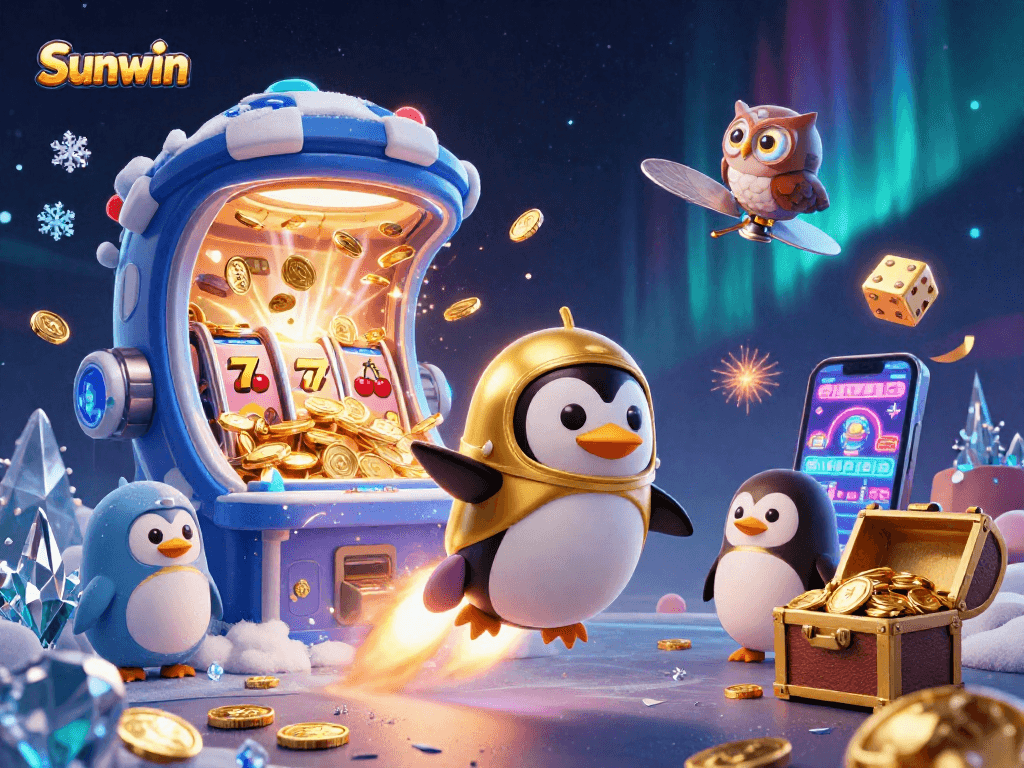 Experience the exciting adventures at Sunwin with thrilling games and rewards illustrated in a colorful 3D scene.