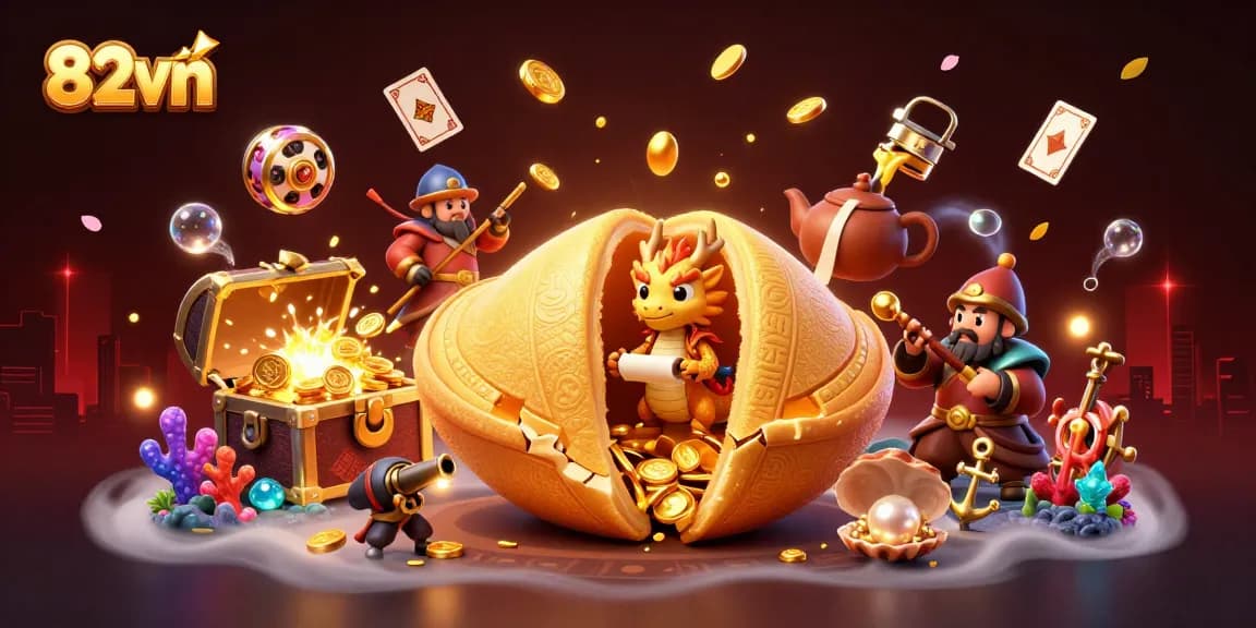 Engage with 82vn's dynamic casino adventure featuring a golden cookie and treasures.