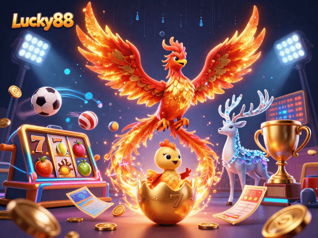 Experience Lucky88 through a dynamic 3D illustration featuring a phoenix and exciting casino elements.
