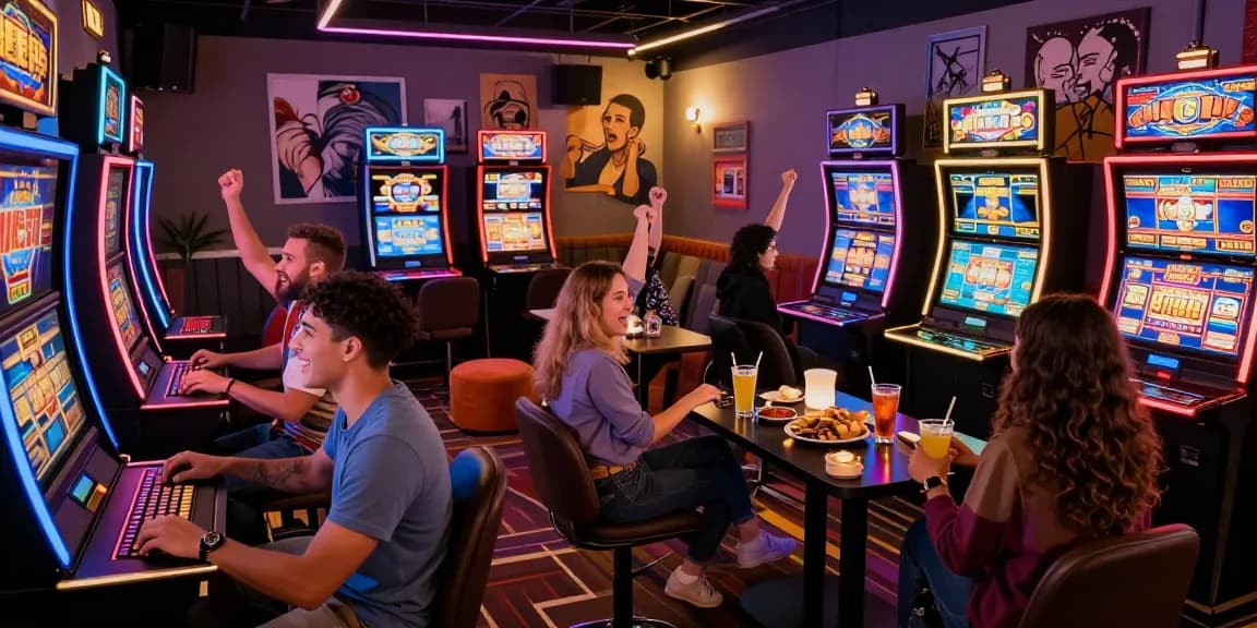Friends enjoying slot online gameplay in a lively casino lounge with vibrant neon lights.
