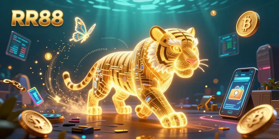 Engage with RR88's thrilling casino atmosphere featuring a neon tiger and crypto elements.