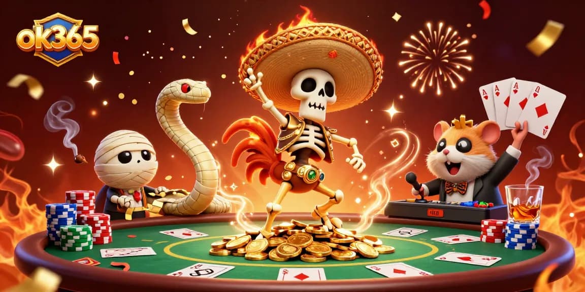 Celebrate wins with ok365's vibrant 3D scene featuring lucky characters and casino action.