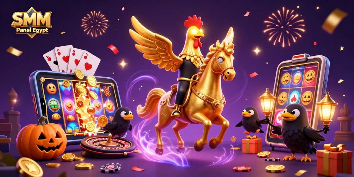 Engage your audience with SMM Panel Egypt's golden rooster triumphantly riding through a vibrant casino.