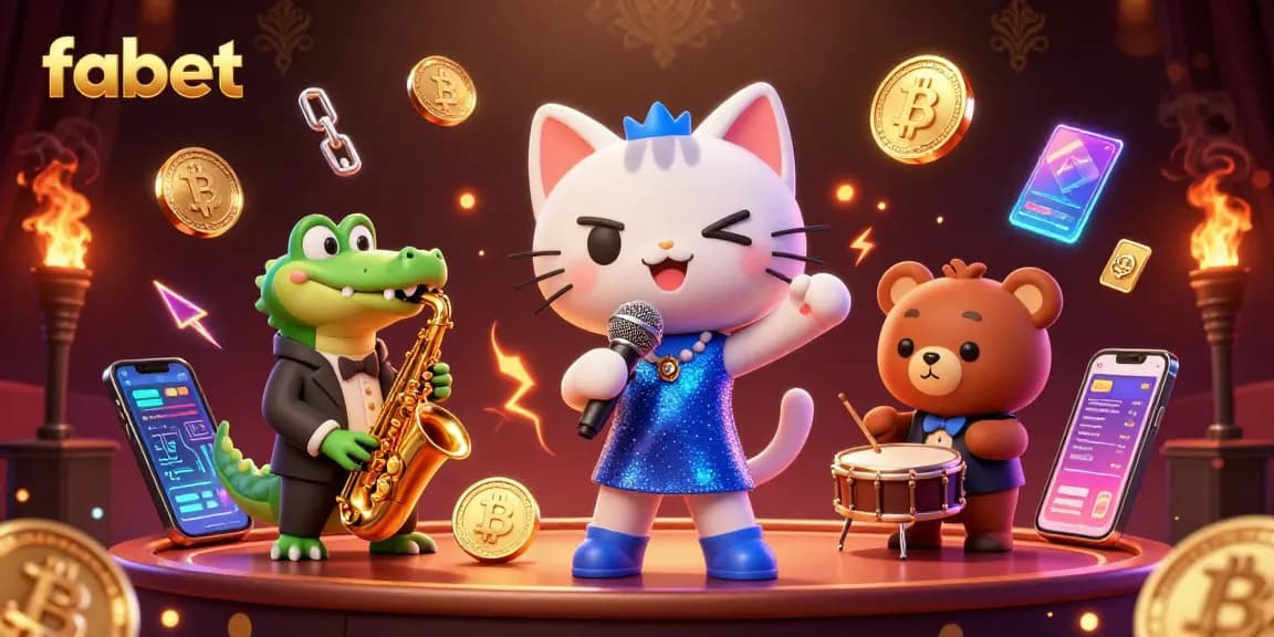 Engage with fabet's vibrant casino illustration showcasing lively characters and crypto elements.