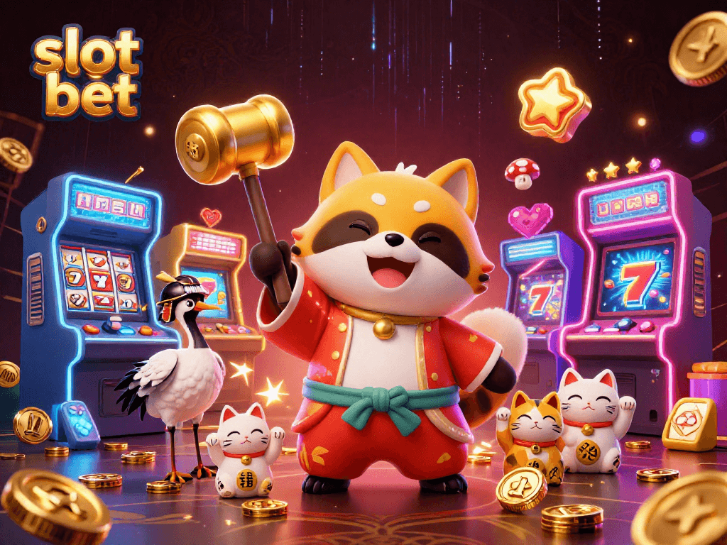 Slot bet pada ilustrasi ceria tanuki yang siap membawa kemenangan bersama kucing keberuntungan.