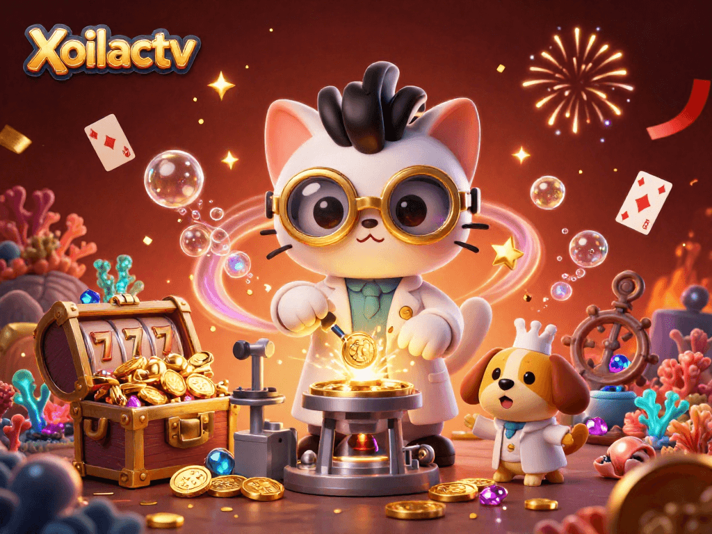 Xoilactv showcases a vibrant 3D casino scene with a mad scientist cat and dog, gold coins, and colorful game elements.