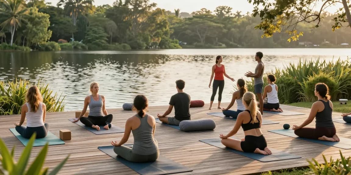 students practicing yoga at Lanka Yoga retreat with serene lake view at https://stefancamilleriyoga.com