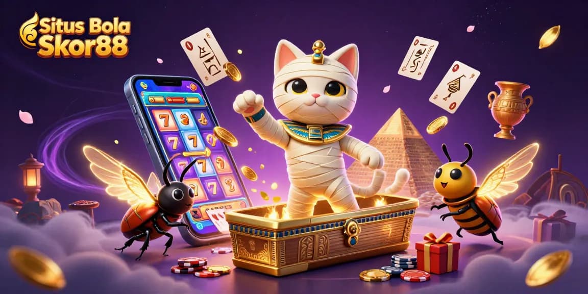 Situs Bola Skor88 offers thrilling betting excitement as a 3D Egyptian mummy cat bursts from its sarcophagus.
