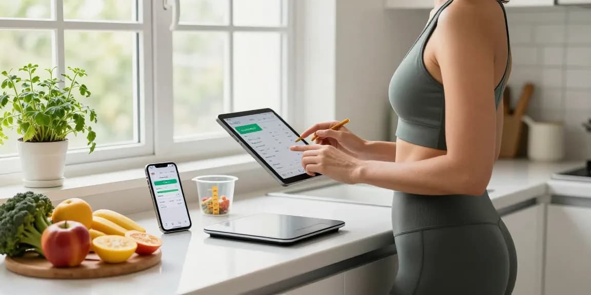 Person tracking meals with the best AI macro tracker in a bright kitchen filled with healthy ingredients.