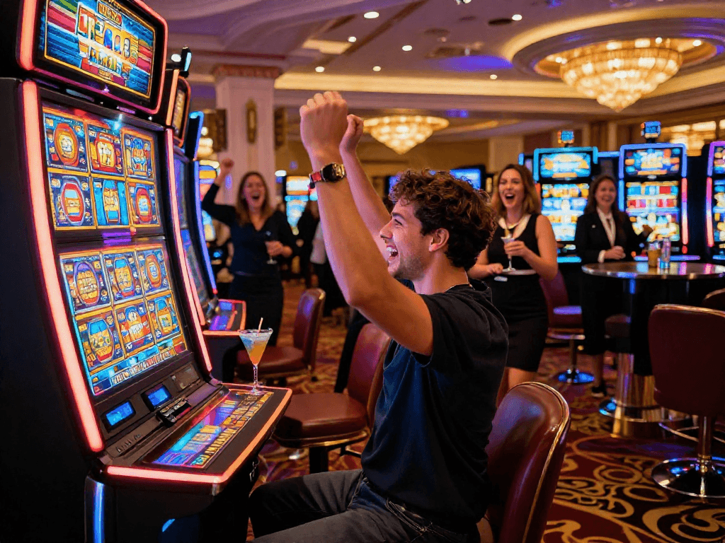 Excited player winning a slot jackpot in vibrant casino atmosphere.
