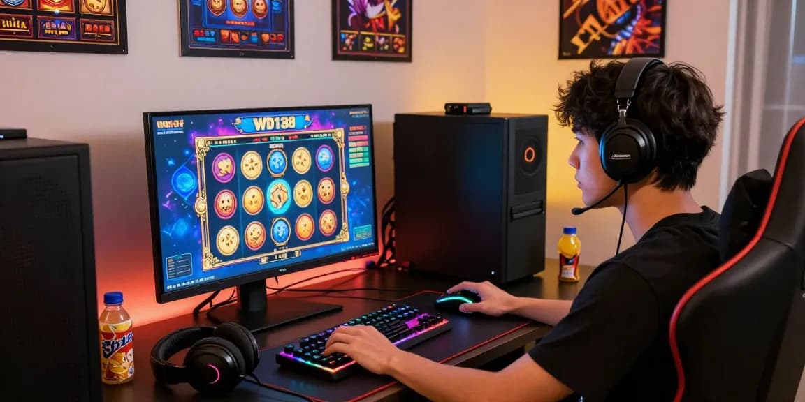 Engaging gaming setup illustrating website resmi wd138 with vibrant slot game on monitor, modern peripherals, and cozy lighting.