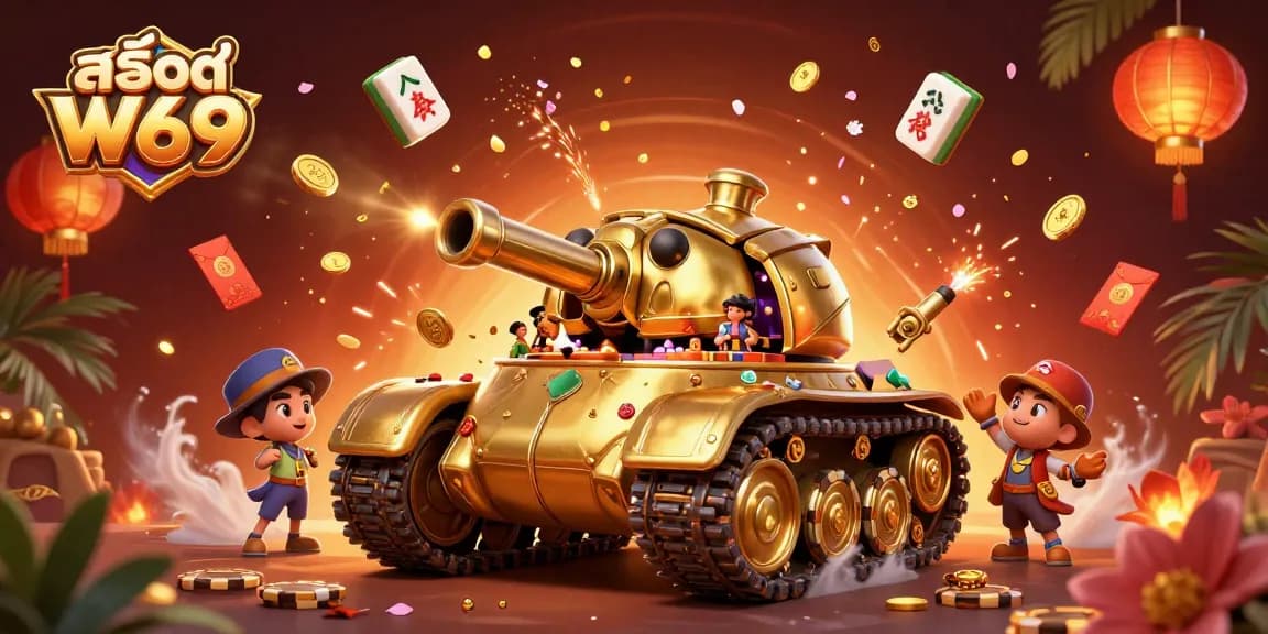 Play exciting สล็อต W69 in a vibrant 3D casino scene with festive elements and gold decorations.