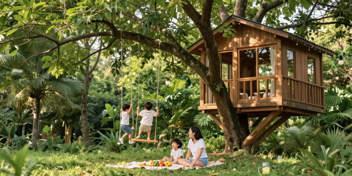 A family enjoying tree house life in a lush forest with children playing, surrounded by nature.