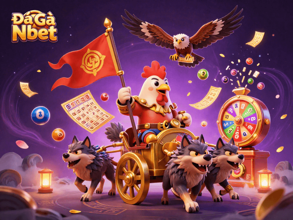 Experience the thrill of Đá Gà Nbet with a cartoon rooster warlord amidst vibrant gambling elements.